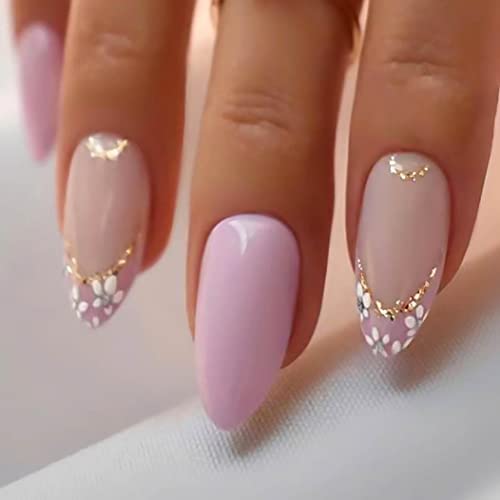RikView Almond Press on Nails Medium Length Acrylic Nails Purple French Tip Nails Glossy Full Cover Nails