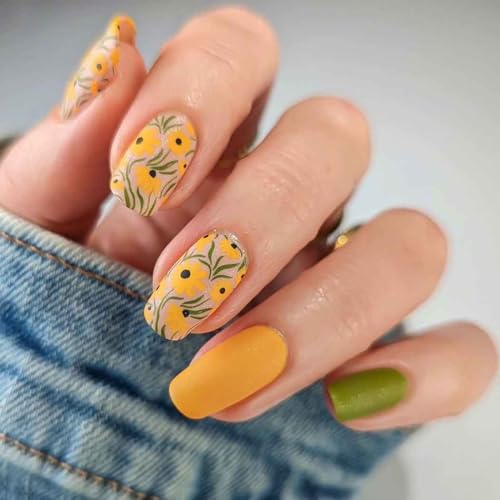 RikView Medium Fake Nails Square Press on Nails Yellow Nails with Flowers Design Matte Nails for Women 24 PCs/Set