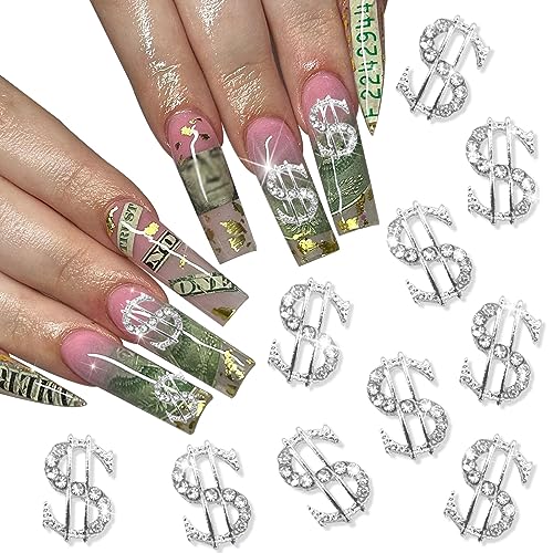 RODAKY 10PCS Silver Dollars Nail Charms 3D Money Sign Charms Shiny Nail Jewelry Luxury Nail Gems Rhinestone for Acrylic Nails Manicure DIY Decoration Accessories for Women and Girls