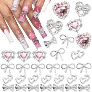 RODAKY 32PCS Bow Nail Charms 3D Silver Heart Shape Nail Art Charm with Pink Rhinestone Valentine's Day Y2K Nail Gems Shiny Nail Jewelry Acrylic Accessories for Women Nail Decorations