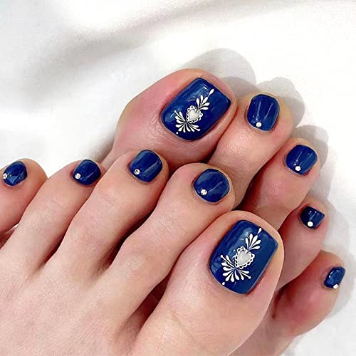 RODAKY Blue Press on Toenails Square Toe Nails Tips with Flowers Design Full Cover Glue on Toe Nails Nude Pink Summer Beach Toe Nails Acrylic False Toe Nails for Women and Girls 24Pcs