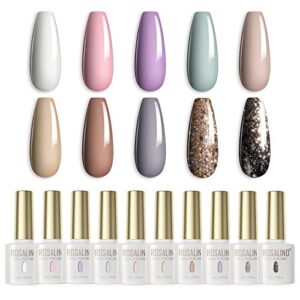 ROSALIND 10PCS White Pink Gel Nail Polish Set, Nude Brown Fall Colors Nail Gel Polish Pastel Nail Gel Light Purple Green Soak off Soft Gel Collection Manicure (Update Version)