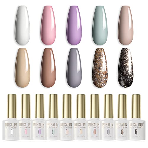 ROSALIND 10PCS White Pink Gel Nail Polish Set, Nude Brown Fall Colors Nail Gel Polish Pastel Nail Gel Light Purple Green Soak off Soft Gel Collection Manicure (Update Version)