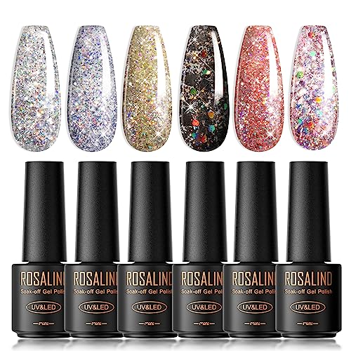 ROSALIND 6 Color Glitter Gel Nail Polish Set for Professional Home DIY Manicures