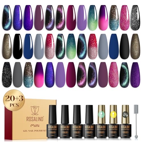 ROSALIND Cat Eye Christmas Gel Nail Polish Set, 20 Mini Colors Glitter Purple Shiny Gray Blue Magnetic Effect Sparkle Winter Gel Polish Gifts for Women, Need Uv Lamp