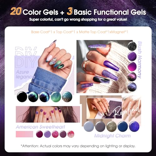 ROSALIND Cat Eye Christmas Gel Nail Polish Set, 20 Mini Colors Glitter Purple Shiny Gray Blue Magnetic Effect Sparkle Winter Gel Polish Gifts for Women, Need Uv Lamp - Image 2