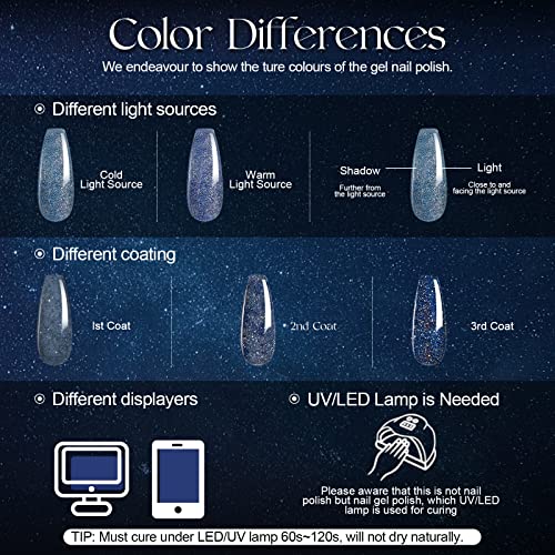 ROSALIND Glitter Gel Nail Polish Set, 6 PCS Reflective Glitter Gel Polish Soak off Glitter Gel Pink Sliver Nail Polish Gel Sparkle Blue Purple Glitter Gel Manicure for Women - Image 8