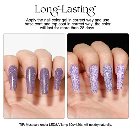 ROSALIND Glitter Gel Nail Polish Set, 6 PCS Reflective Glitter Gel Polish Soak off Glitter Gel Pink Sliver Nail Polish Gel Sparkle Blue Purple Glitter Gel Manicure for Women - Image 6