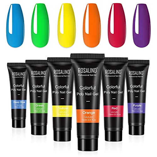 ROSALIND Neon Rainbow Poly Nail Gel Set, 6 Colors Neon Green Yellow Orange Purple Red Poly Extension Gel Kit Long Lasting Soak Off Gel Builder Poly Nail Gel DIY Art Salon for Women