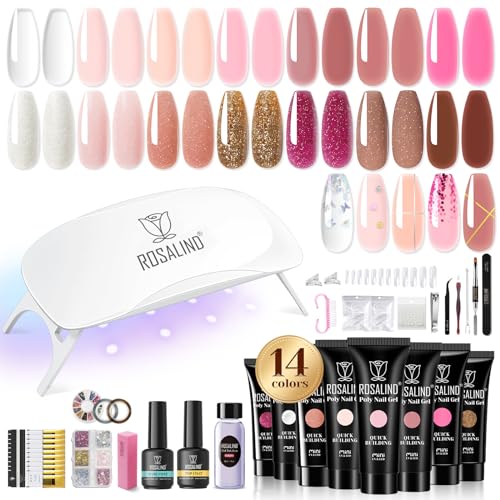 ROSALIND Poly Nail Gel Kit -14 Colors + 67 Nail Art Accessories kitClear Pink Glitter Gel Builder with Mini U V Nail Lamp Nude Pink Nail Strengthener 3D Molding Gel for Starter Poly Nail Gel Kit