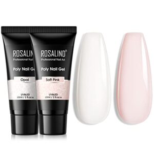 ROSALIND Soft Pink&Opal Extension Gel, 2 PCS 60ml Opal Poly Nail Gel kit Soft Pink Nail Builder for Nail Art Decoration, Nail Thickening Poly Nail Gel Tube Easy to DIY Use Need UV Lamp