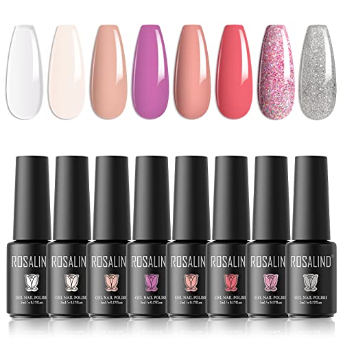 ROSALIND White Gel Polish Set, 8PCS Sliver Pink Glitter Gel Nail Polish Nude Pink Gel Polish U V LED Soak off Nail Art Design Gifts for Women Girls