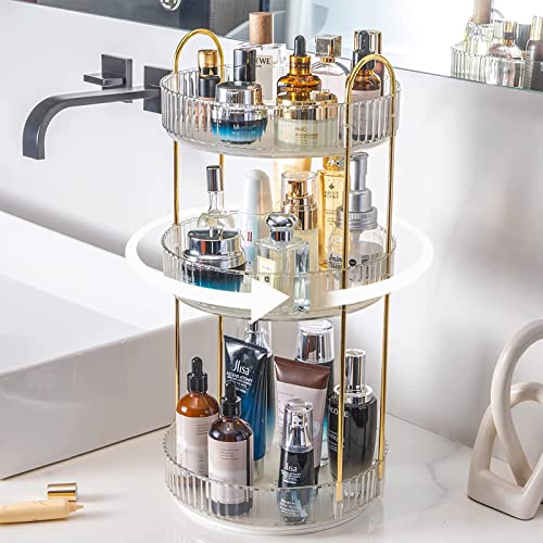 Rotating Makeup Organizer for Vanity 3 Tier, High-Capacity Skincare Clear Make Up Storage Perfume Organizers Cosmetic Dresser Organizer Countertop 360 Spinning （Transparent white）