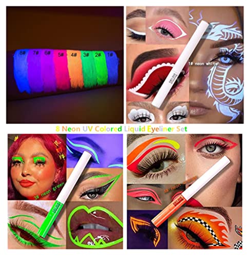 RoyueS 8 Colors Neon Liquid Eyeliner Set ,UV Glow Matte Eyeliner Waterproof Smudgeproof Fluorescent Body Face Paint Makeup f - Image 2