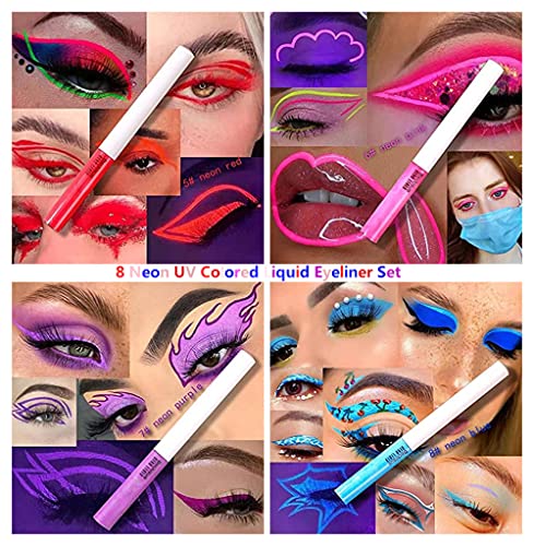 RoyueS 8 Colors Neon Liquid Eyeliner Set ,UV Glow Matte Eyeliner Waterproof Smudgeproof Fluorescent Body Face Paint Makeup f - Image 3