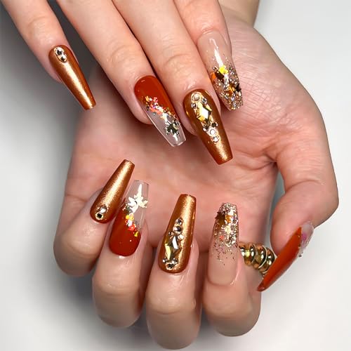 RTKHFZE Fall Press on Nails Long, Coffin Shape Fake Nails with Autumn Maple Leaf Sequins and Glitter Rhinestones Designs Full Cover False Nails 24Pcs Artificial Gold and Red Acrylic Nails for Women