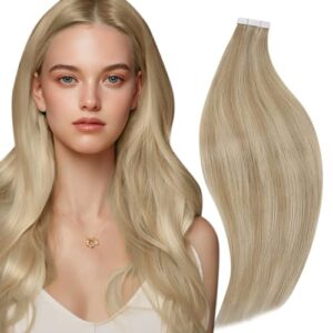 RUNATURE 16 Inch Golden Blonde Highlight Tape-In Remy Human Hair Extensions Natural Look