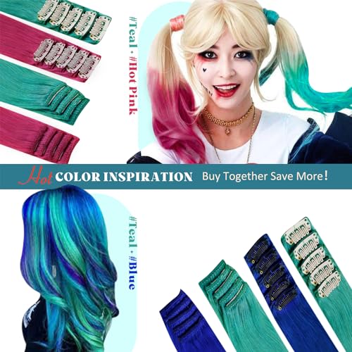 RUNATURE 18 Inch Teal Clip-In Human Hair Extensions for Women, 25g, 5 Pcs - Image 5
