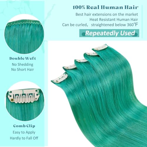 RUNATURE 18 Inch Teal Clip-In Human Hair Extensions for Women, 25g, 5 Pcs - Image 4