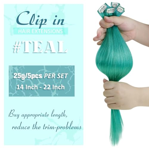 RUNATURE 18 Inch Teal Clip-In Human Hair Extensions for Women, 25g, 5 Pcs - Image 3