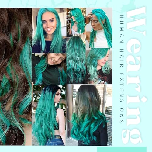 RUNATURE 18 Inch Teal Clip-In Human Hair Extensions for Women, 25g, 5 Pcs - Image 2