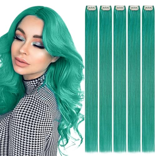 RUNATURE 18 Inch Teal Clip-In Human Hair Extensions for Women, 25g, 5 Pcs