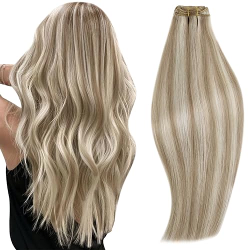 RUNATURE 22 Inch Ash Brown Platinum Blonde Human Hair Extensions Double Weft 100g