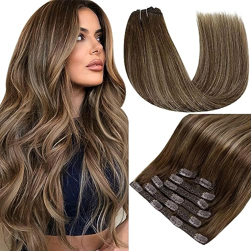 RUNATURE 20 Inch 120g Medium Brown Balayage Clip-in Human Hair Extensions 7Pcs