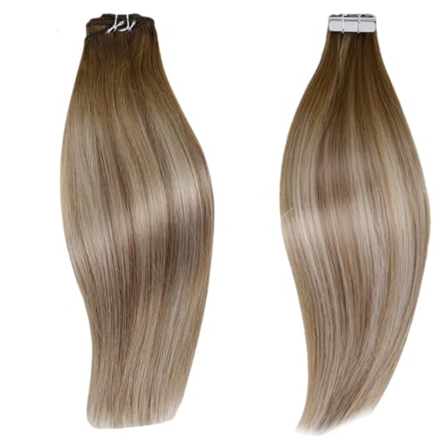 RUNATURE 12 Inch Remy Human Hair Tape In Extensions Balayage Walnut to Ash Brown Ombre