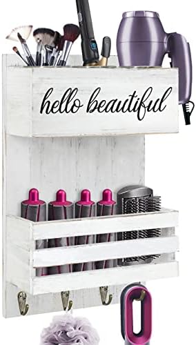 Rustic Hair Tool Organizer Wall Mount, 2 Layer Hair Dryer Holder Wall Mounted, Bathroom Hair Care and Styling Tool Organizer for Wall, Hair Accessories Organizer with Shelf for Makeup, Toiletries