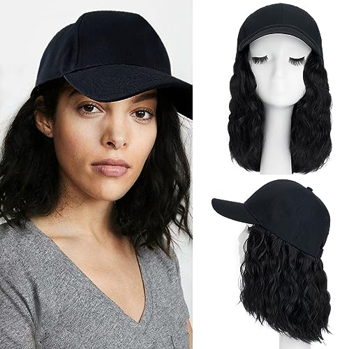 S-noilite Baseball Cap Wig with Hair Extensions 8" Short Curly Wavy Bob Hairstyle Adjustable Hats with Hair Attached for Women Synthetic Brown Black Corn Waves Bob Hat Wigs(#2A-Natural Black)