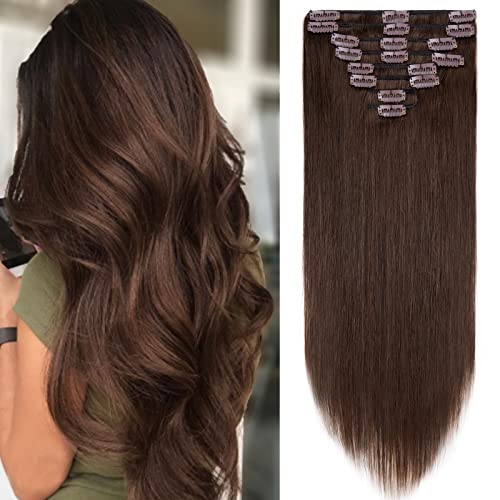 S-noilite Clip in Human Hair Extensions Clip in Hair Extensions Full Head 8 Pieces/Set Long Straight Silky Soft Clip on Hair(18"-100g #4 Medium Brown)