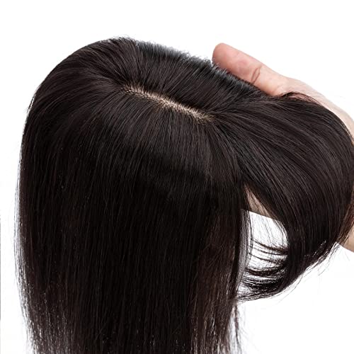 S-noilite Hair Toppers for Women Real Human Hair Topper with Bangs 6 Inch #1B Natural Black Silk Base clip in topper for Women with Thinning Hair 27g Hair Loss Cover 100% Real Human Hair - Image 8