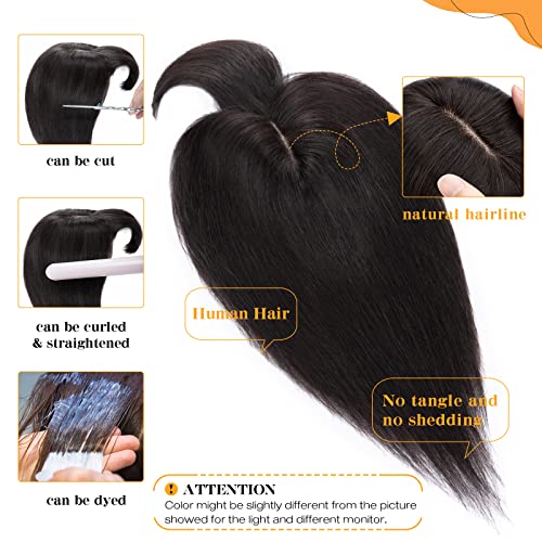 S-noilite Hair Toppers for Women Real Human Hair Topper with Bangs 6 Inch #1B Natural Black Silk Base clip in topper for Women with Thinning Hair 27g Hair Loss Cover 100% Real Human Hair - Image 3