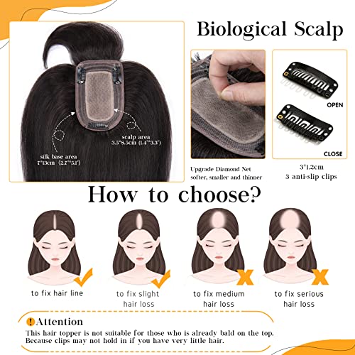 S-noilite Hair Toppers for Women Real Human Hair Topper with Bangs 6 Inch #1B Natural Black Silk Base clip in topper for Women with Thinning Hair 27g Hair Loss Cover 100% Real Human Hair - Image 2
