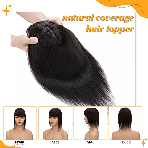 S-noilite Hair Toppers for Women Real Human Hair Topper with Bangs 6 Inch #1B Natural Black Silk Base clip in topper for Women with Thinning Hair 27g Hair Loss Cover 100% Real Human Hair - Image 4