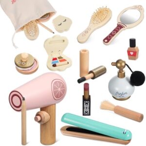 SAFIGLE Kids Makeup Kit for Girl Wooden Makeup Toy Set for Toddlers Pretend Wood Beauty Salon Toys Set for Kid Children Princess Birthday Gift Toy for Little Girls