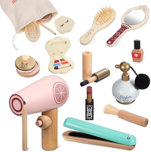 SAFIGLE Kids Makeup Kit for Girl Wooden Makeup Toy Set for Toddlers Pretend Wood Beauty Salon Toys Set for Kid Children Princess Birthday Gift Toy for Little Girls