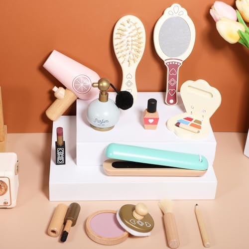 SAFIGLE Kids Makeup Kit for Girl Wooden Makeup Toy Set for Toddlers Pretend Wood Beauty Salon Toys Set for Kid Children Princess Birthday Gift Toy for Little Girls - Image 2