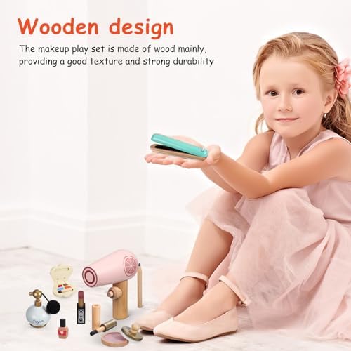 SAFIGLE Kids Makeup Kit for Girl Wooden Makeup Toy Set for Toddlers Pretend Wood Beauty Salon Toys Set for Kid Children Princess Birthday Gift Toy for Little Girls - Image 4