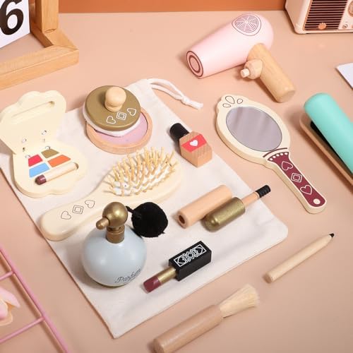 SAFIGLE Kids Makeup Kit for Girl Wooden Makeup Toy Set for Toddlers Pretend Wood Beauty Salon Toys Set for Kid Children Princess Birthday Gift Toy for Little Girls - Image 3
