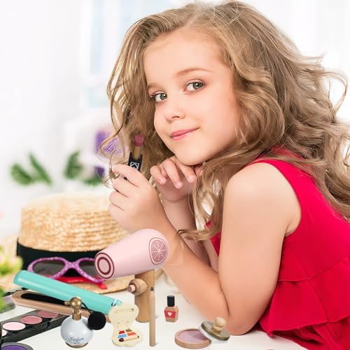 SAFIGLE Kids Makeup Kit for Girl Wooden Makeup Toy Set for Toddlers Pretend Wood Beauty Salon Toys Set for Kid Children Princess Birthday Gift Toy for Little Girls - Image 7