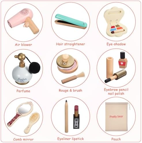 SAFIGLE Kids Makeup Kit for Girl Wooden Makeup Toy Set for Toddlers Pretend Wood Beauty Salon Toys Set for Kid Children Princess Birthday Gift Toy for Little Girls - Image 6