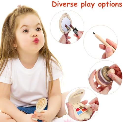 SAFIGLE Kids Makeup Kit for Girl Wooden Makeup Toy Set for Toddlers Pretend Wood Beauty Salon Toys Set for Kid Children Princess Birthday Gift Toy for Little Girls - Image 8