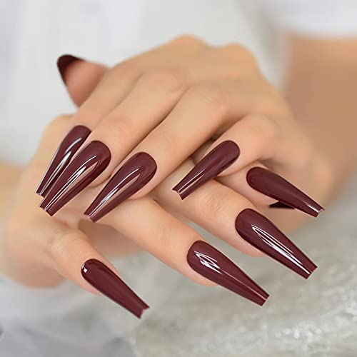 Salon Ultra Long Coffin Ballerina Display C Curved False Fake Nails Burgundy Dark Red No Glue Solid Color Artificial Painted Press On Nail Art - Image 3