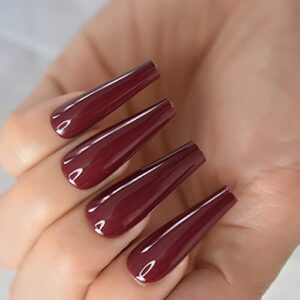 Salon Ultra Long Coffin Ballerina Display C Curved False Fake Nails Burgundy Dark Red No Glue Solid Color Artificial Painted Press On Nail Art