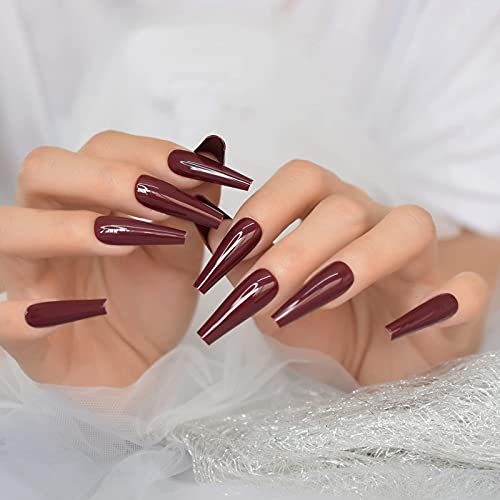 Salon Ultra Long Coffin Ballerina Display C Curved False Fake Nails Burgundy Dark Red No Glue Solid Color Artificial Painted Press On Nail Art - Image 4