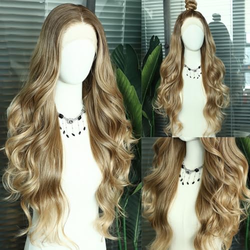 SAPPHIREWIGS Brown Lace Front Wigs Long Body Wave Pre-plucked Hairline Brown Wig with Ash Blonde Tips Synthetic Wigs for Women Heat Resistant Fiber Hair Daily Party Use 26inch - Image 2