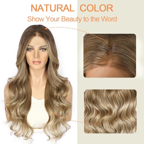 SAPPHIREWIGS Brown Lace Front Wigs Long Body Wave Pre-plucked Hairline Brown Wig with Ash Blonde Tips Synthetic Wigs for Women Heat Resistant Fiber Hair Daily Party Use 26inch - Image 5