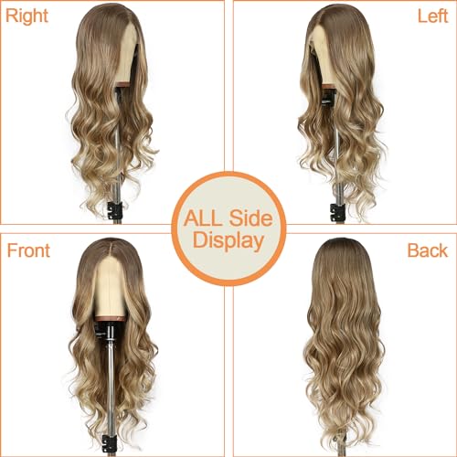 SAPPHIREWIGS Brown Lace Front Wigs Long Body Wave Pre-plucked Hairline Brown Wig with Ash Blonde Tips Synthetic Wigs for Women Heat Resistant Fiber Hair Daily Party Use 26inch - Image 4
